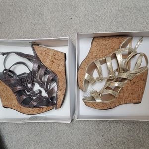 Cato 1 pair pewter and 1 gold strappy sandals.